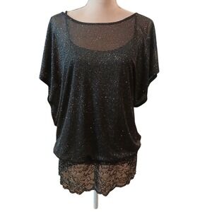 Studio Y Black Glitter Metallic Lace  Blouse Sheer Layered Top Large Whimsygoth